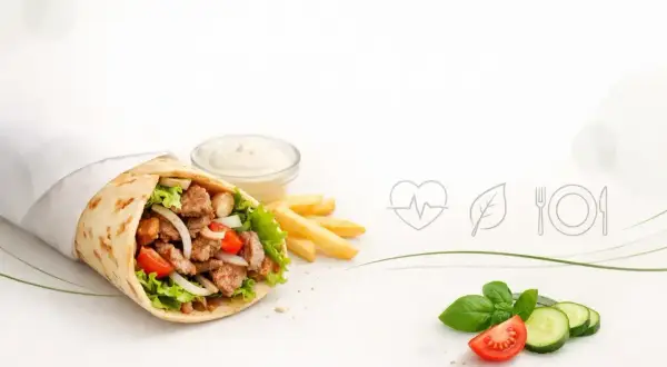 Kebab w picie z mięsem, warzywami, frytkami i sosem, obok świeże warzywa i ikony zdrowia.