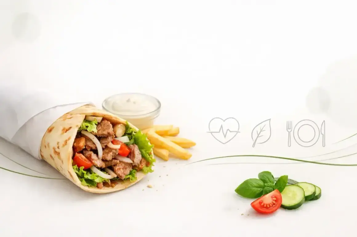 Kebab w picie z mięsem, warzywami, frytkami i sosem, obok świeże warzywa i ikony zdrowia.