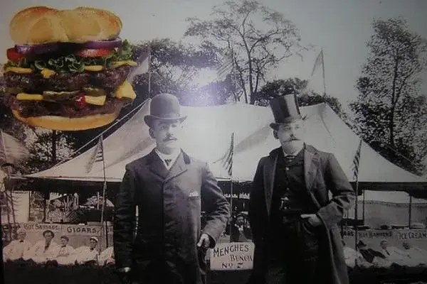 stare zdjęcia lub ilustracje pierwszych wynalazc&oacute;w hamburgera w USA (Menches, Nagreen, Lassen, Davis)