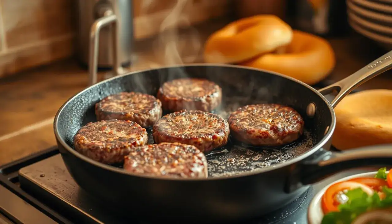 Smażenie burgera wołowego na patelni żeliwnej