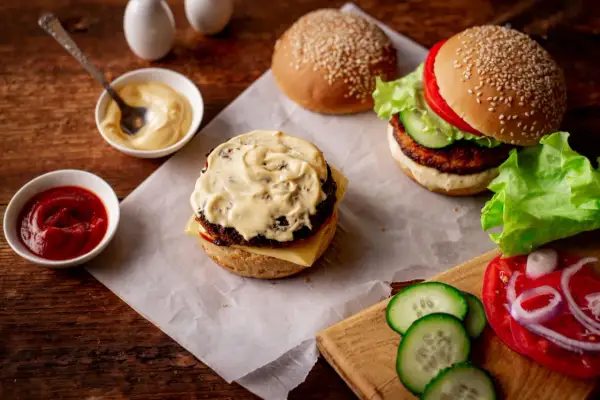 Dwa burgery, sosy (majonez, ketchup) i składniki na drewnianym stole.